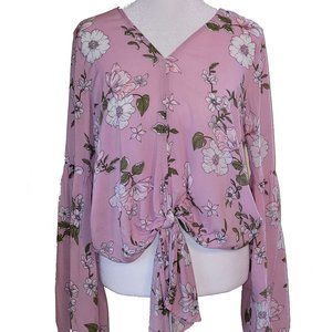 Polly Esther Pink Floral Tie Front Blouse With Bell Sleeves Size M
